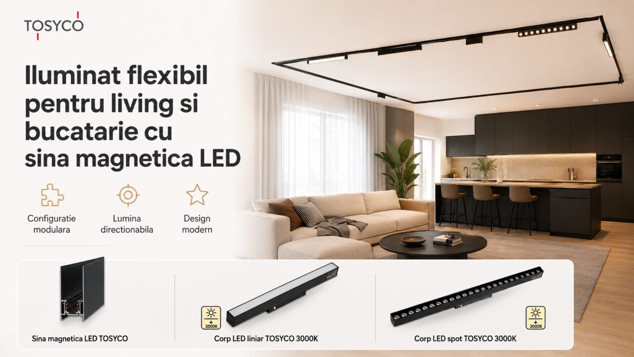 Iluminat LED cu șină magnetică în living modern