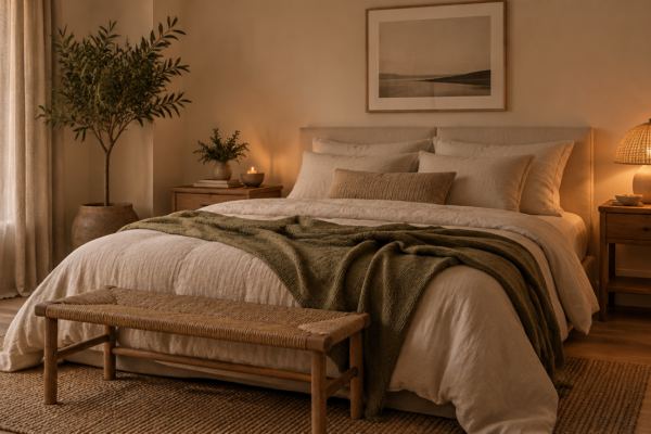 Dormitor scandinav cu pereți bej, mobilier din lemn natural, lenjerie din in și un măslin în ghiveci