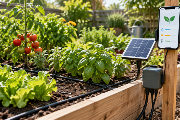 Sistem de irigare prin picurare cu panou solar într-un strat de legume, și un telefon cu aplicație de îngrijire a plantelor