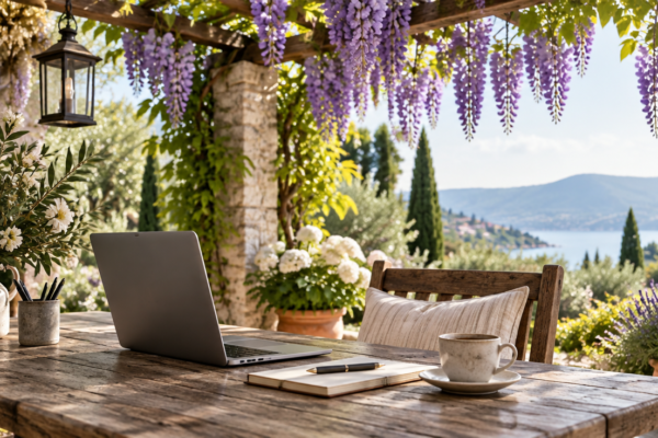 Birou în aer liber sub o pergolă cu glicină, cu laptop, caiet și cafea pe o masă de lemn