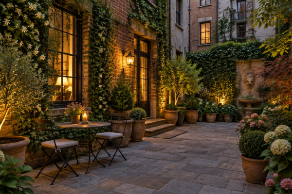 Grădină într-o curte interioară de oraș, cu pomi în ghivece, masă bistro și plante cățărătoare pe zid de cărămidă
