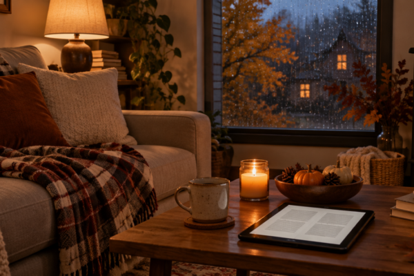 Living primitor într-o seară de toamnă, cu o canapea cu pled, o lumânare aprinsă, o tabletă pe măsuța de cafea, o lampă caldă și ploaie pe geam